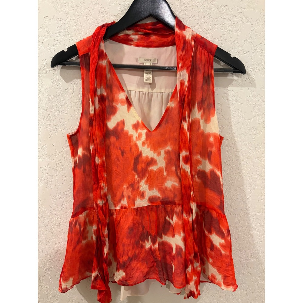 J.Crew Red Tie Dye 100% Silk Sleeveless Scarf Neck Peplum Top Size 0